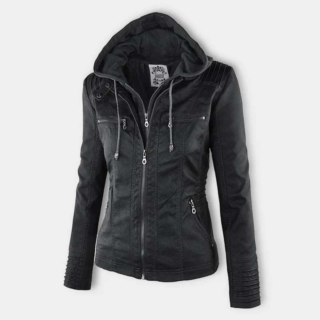 Ivory - Women's Weather-Resistant Leather Jacket with Hood