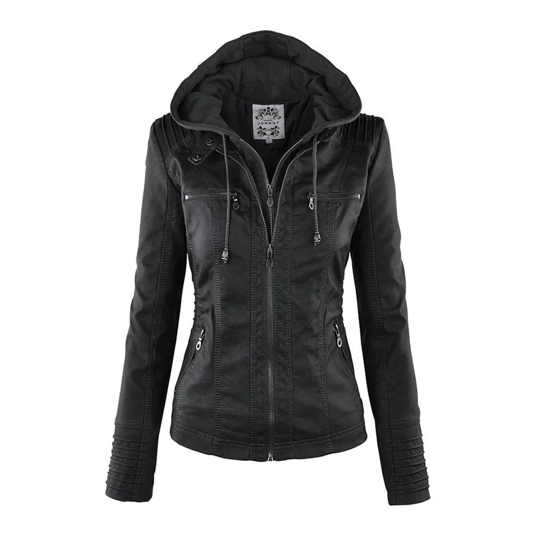 Ivory - Women's Weather-Resistant Leather Jacket with Hood