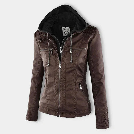 Ivory - Women's Weather-Resistant Leather Jacket with Hood