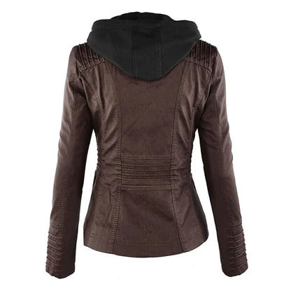 Ivory - Women's Weather-Resistant Leather Jacket with Hood