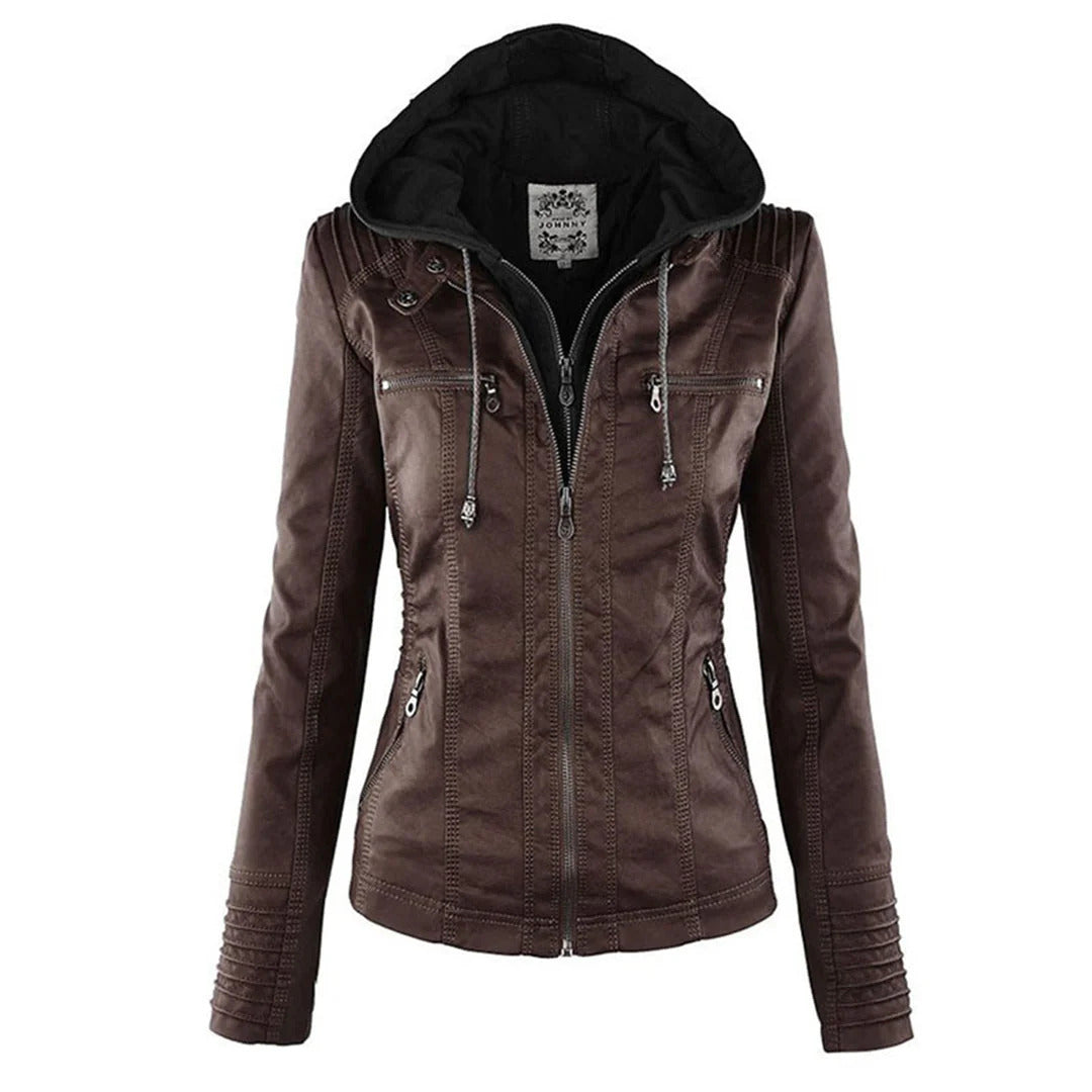 Ivory - Women's Weather-Resistant Leather Jacket with Hood