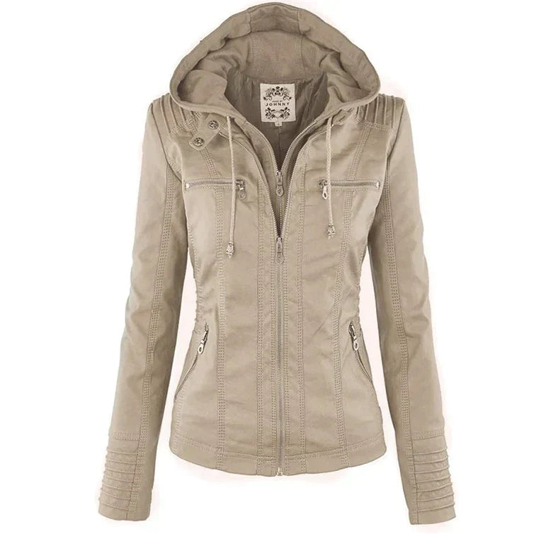 Ivory - Women's Weather-Resistant Leather Jacket with Hood