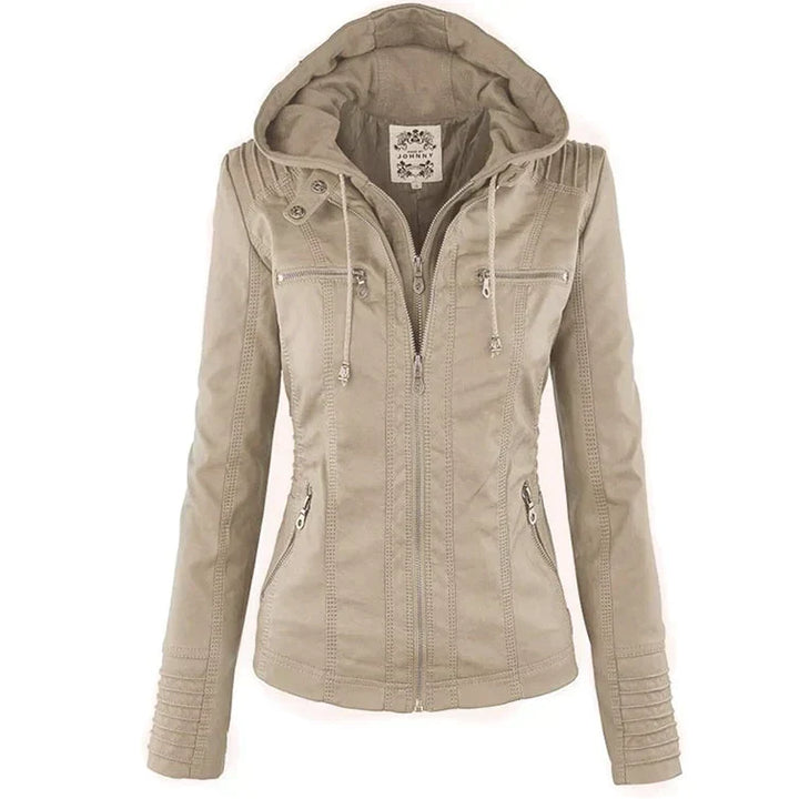 Ivory - Women's Weather-Resistant Leather Jacket with Hood