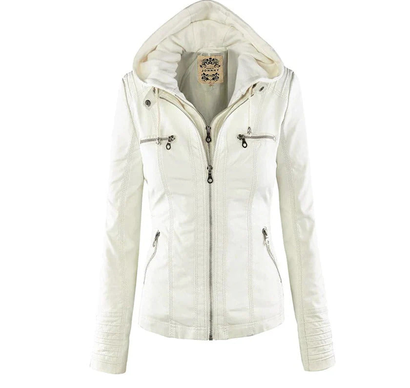 Ivory - Women's Weather-Resistant Leather Jacket with Hood