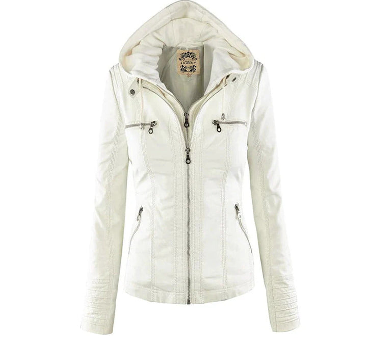 Ivory - Women's Weather-Resistant Leather Jacket with Hood