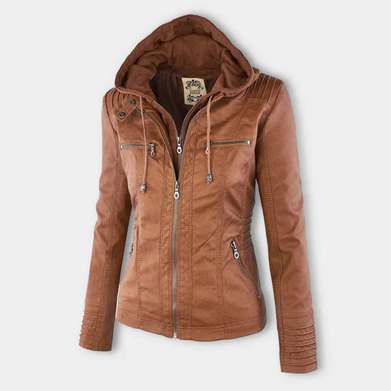 Ivory - Women's Weather-Resistant Leather Jacket with Hood