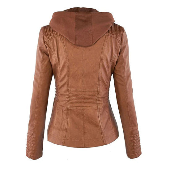 Ivory - Women's Weather-Resistant Leather Jacket with Hood